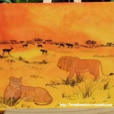 Peinture sur bois lion lionne